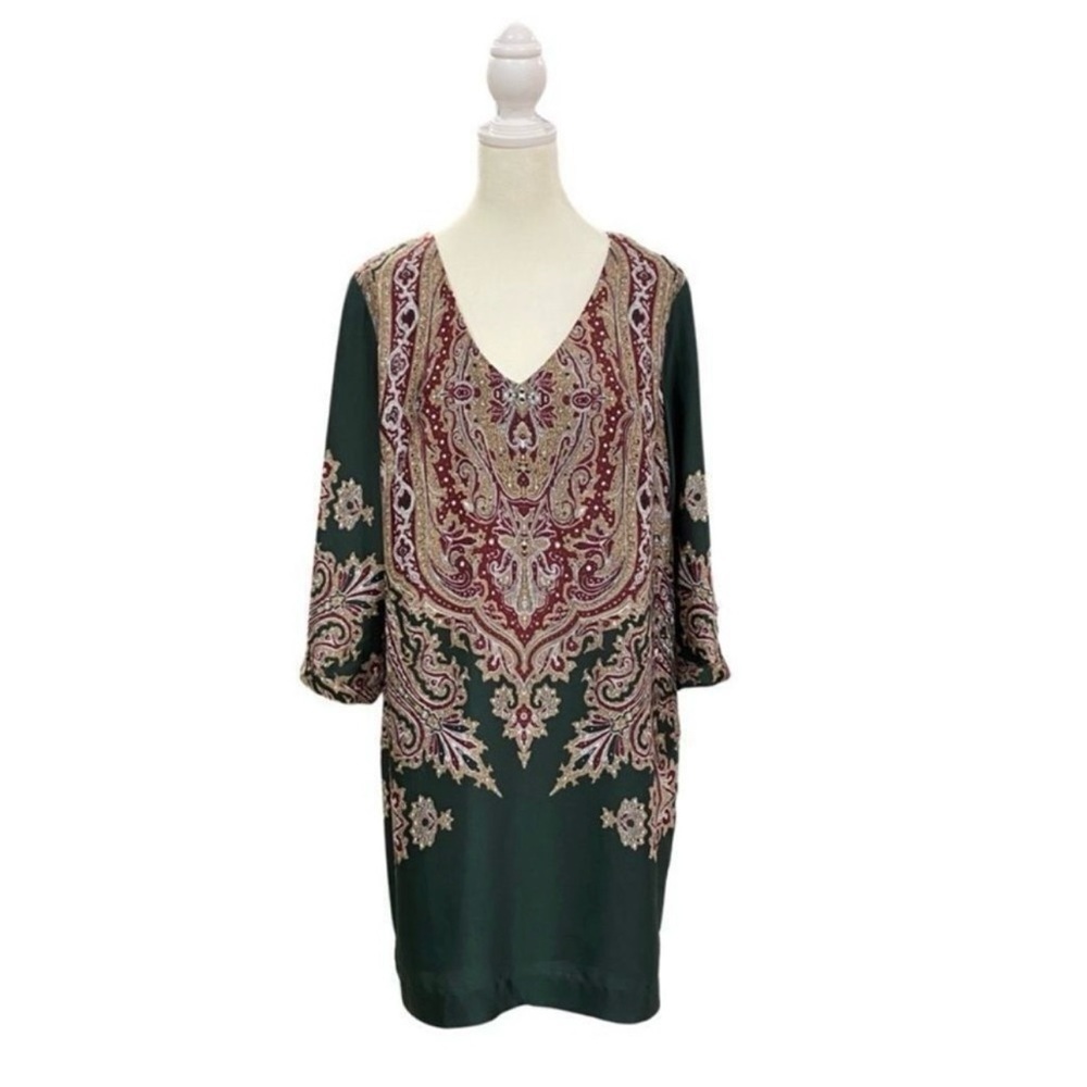 Forest Lily Green & Gold Paisley Lined Long Sleeve Mini Sheath Dress Sz 10